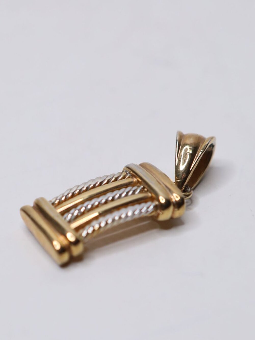 Two-Tone Gold Shell Column Pendant - Ribbed & Twisted Rope Mixed Metal Charm - Picture 4 of 10